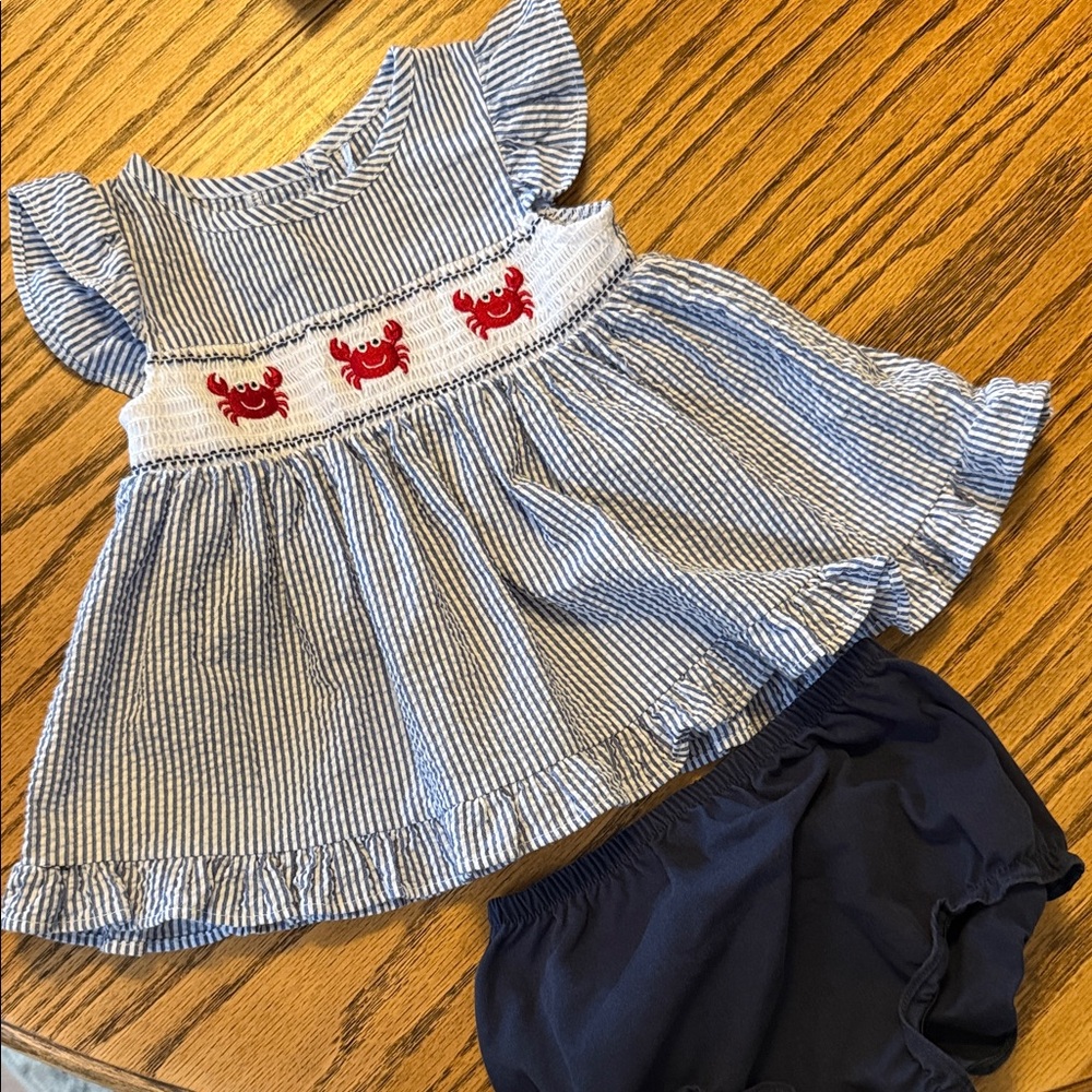 Good Lad Navy and White Striped Dress with Red Crab Accents